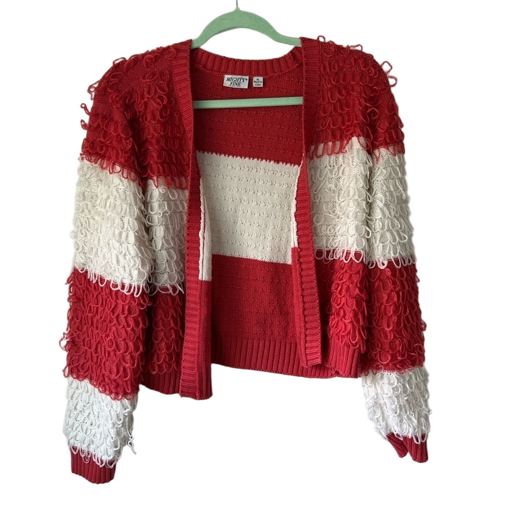 Mighty Fine Open Front Coral and White Striped Cardigan